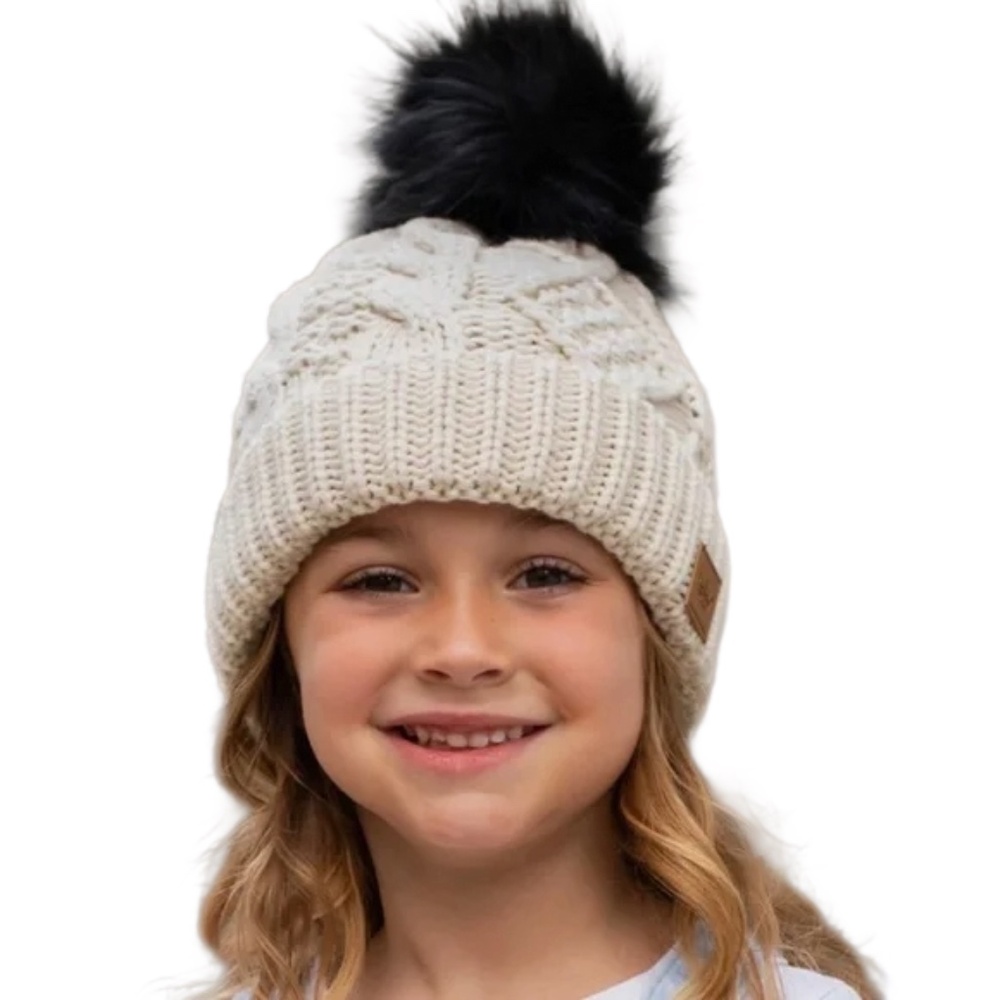Panache kids Ivory Knit Hat with Black Faux Pom Fur(66)